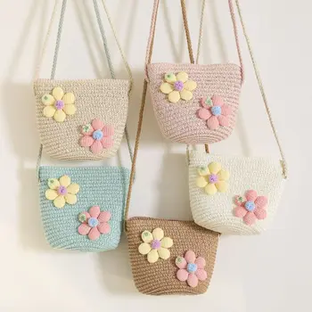 Lindo bolso tejido hecho a mano de paja con flores para niña, accesorios para fotos con cremallera, bolsas de mensajero para niños, cesta de almacenamiento, monedero, bolso cruzado