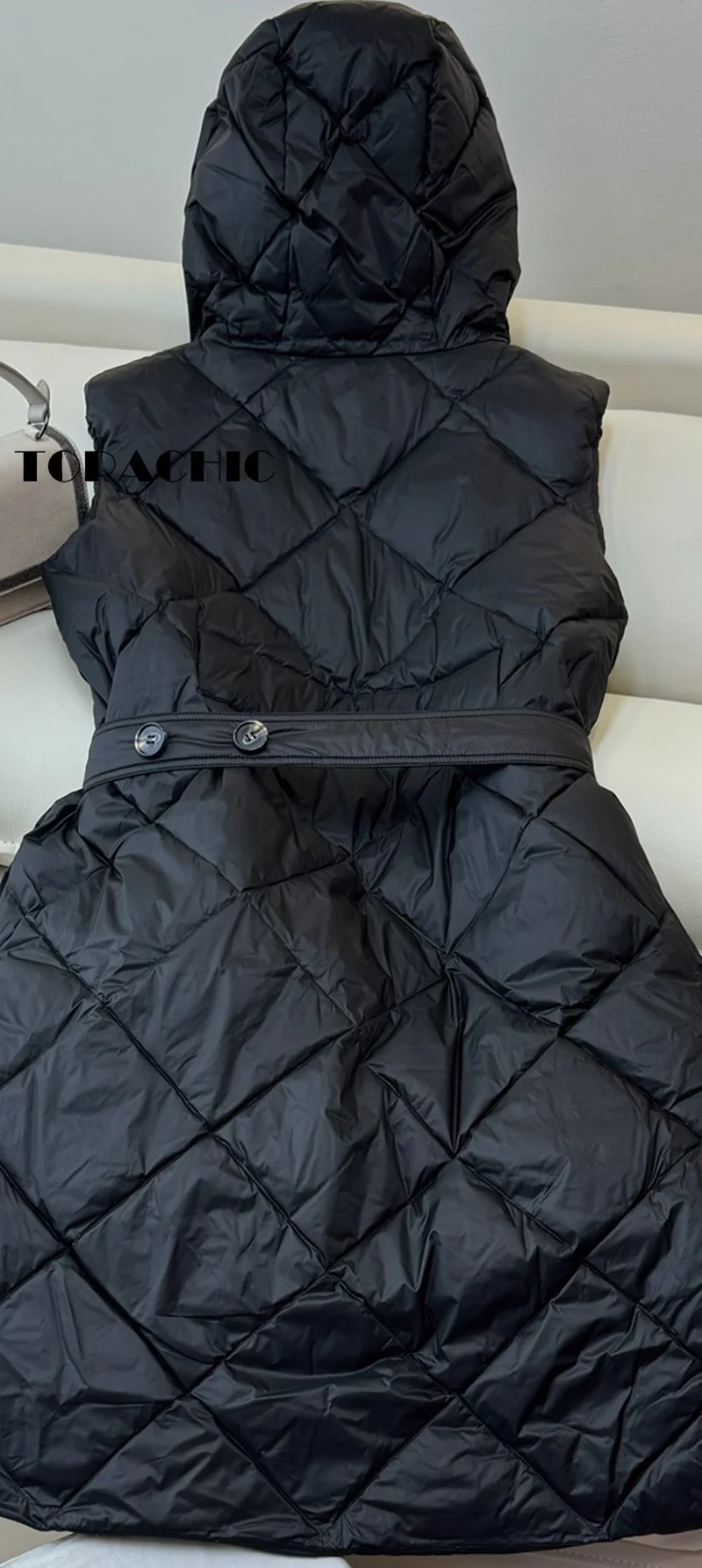 8.29 TOPACHIC-Women High Quality Goose Down Button Sashes Vest Quilted Argyle Plaid Hooded Sleeveless Zipper Down Vest Jacket