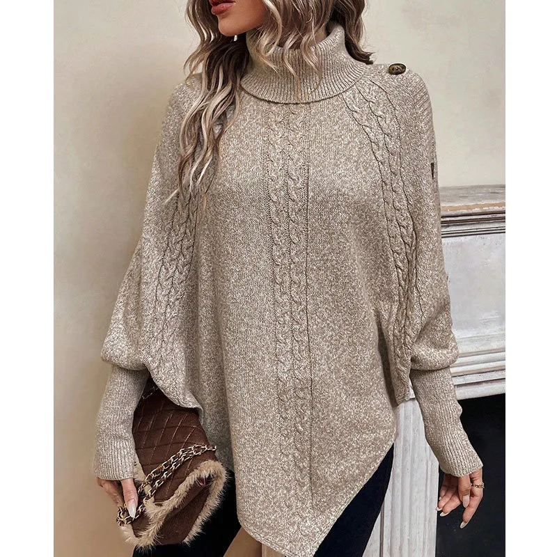 New Fashion Solid Color Autumn/Winter High Neck Button Decoration Bat Shirt Twisted Flower Elegance Women's Sweater