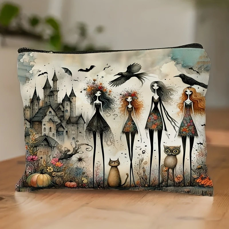 Pochette de maquillage de Style gothique avec sorcières, chats noirs, hiboux, sac à cosmétiques de voyage Portable, fermeture à glissière, accessoires d'halloween