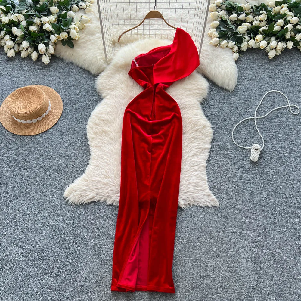 ملابس نسائية مثيرة أنيقة بدون أكمام وياقة قطرية من القطيفة مقسمة على الموضة الكورية العتيقة للحفلات المسائية #2