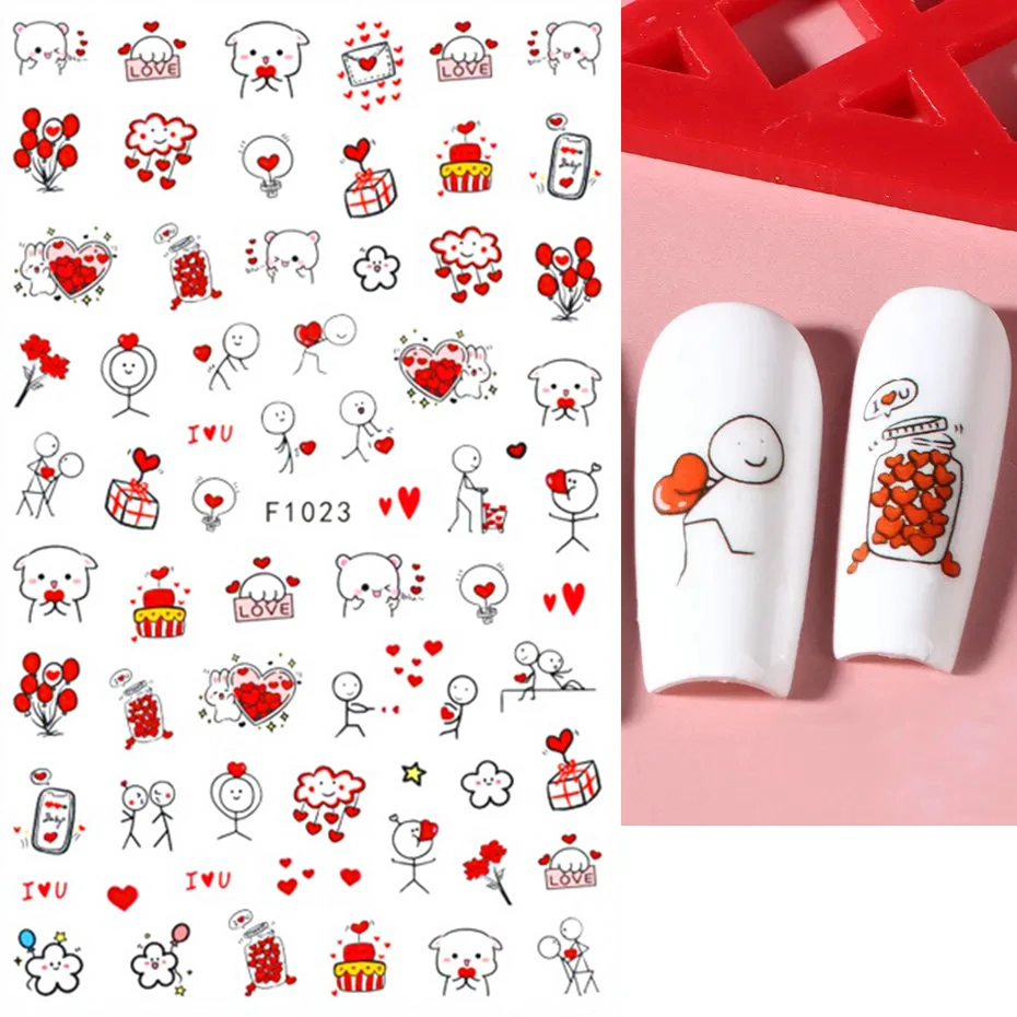 Pegatinas de uñas de San Valentín de dibujos animados 3D, corazón de amor, gato, oso, globo, letras rosas, láminas románticas, esmalte de Gel deslizante, decoración de manicura