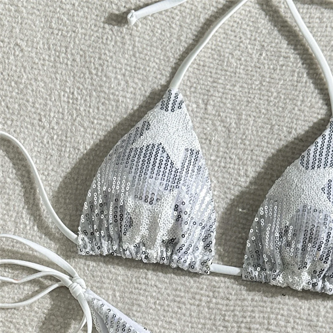 Neuer glänzender Bikini mit Pailletten, Neckholder und hohem Beinausschnitt, Damen-Badeanzug, zweiteiliges Bikini-Set, Badebekleidung, Badeanzug, Schwimmanzug V5825 – Detail 21