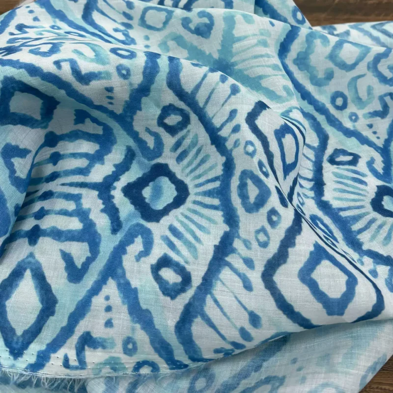 

Pure ramie blue printed fabric, used for making high-end summer clothing sewing fabrics