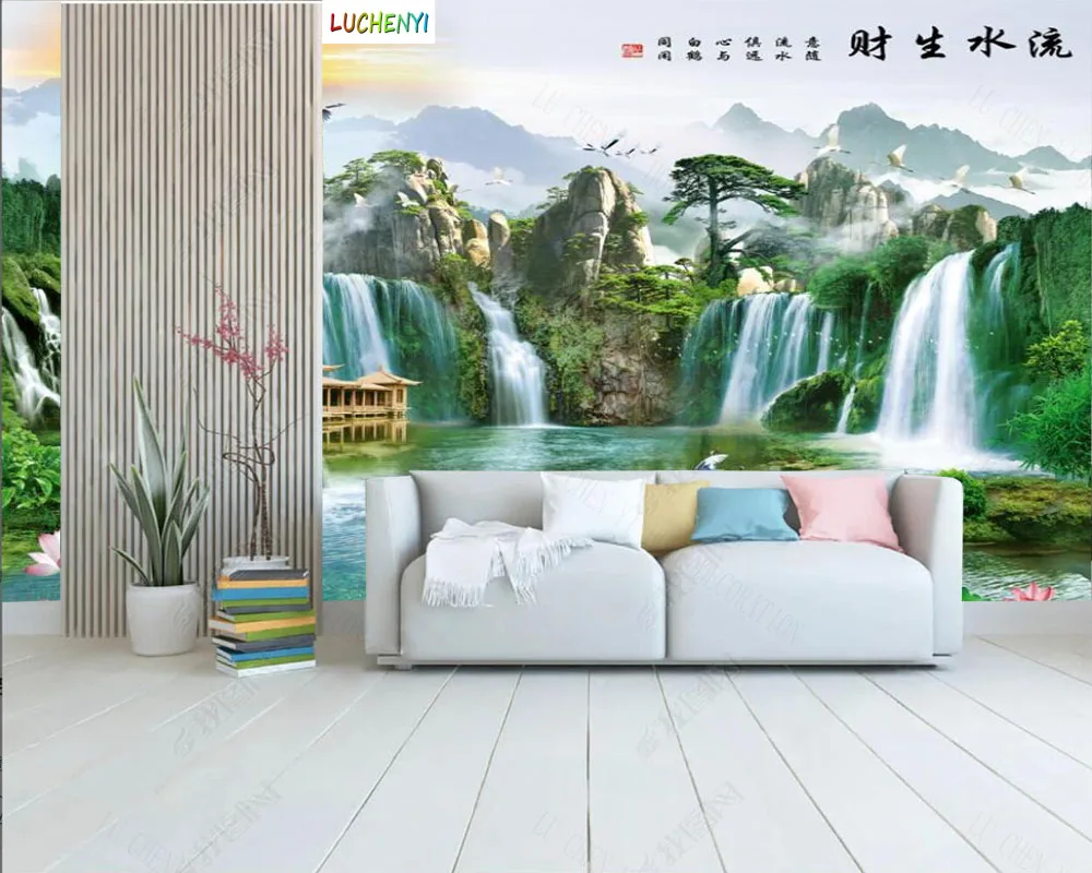 

Papel de parede water generates wealth flowing water landscape painting bedroom wallpaper mural, wallpaper home decoration