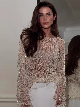 Szykowne błyszczące cekiny Wydrążony damski pulower Top Elegancka koszula z długim rękawem O-neck Wiosna Kobieta Party Clubwear