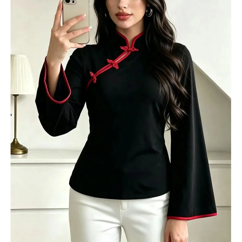 New Chinese style improved cheongsam top, women's spring and autumn standing collar, Chinese style slim fit long sleeved shirt