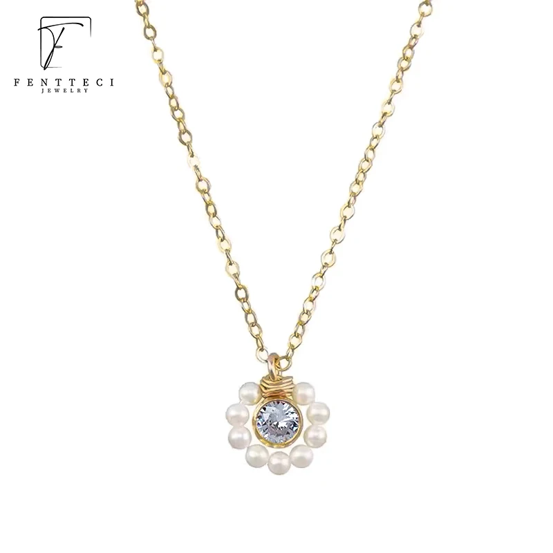 

FENTTECI 925 Sterling Silver Gold-packed Fairy Retro Pearl Necklace Female Sun Flower Simulation Diamond Elegant Pendant