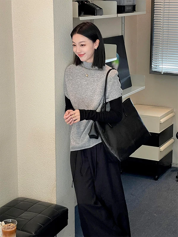 سترة نسائية كورية أنيقة وفريدة من نوعها، محبوكة عالية الجودة، للخريف والشتاء، ناعمة ومريحة، صدرية عصرية بياقة عالية