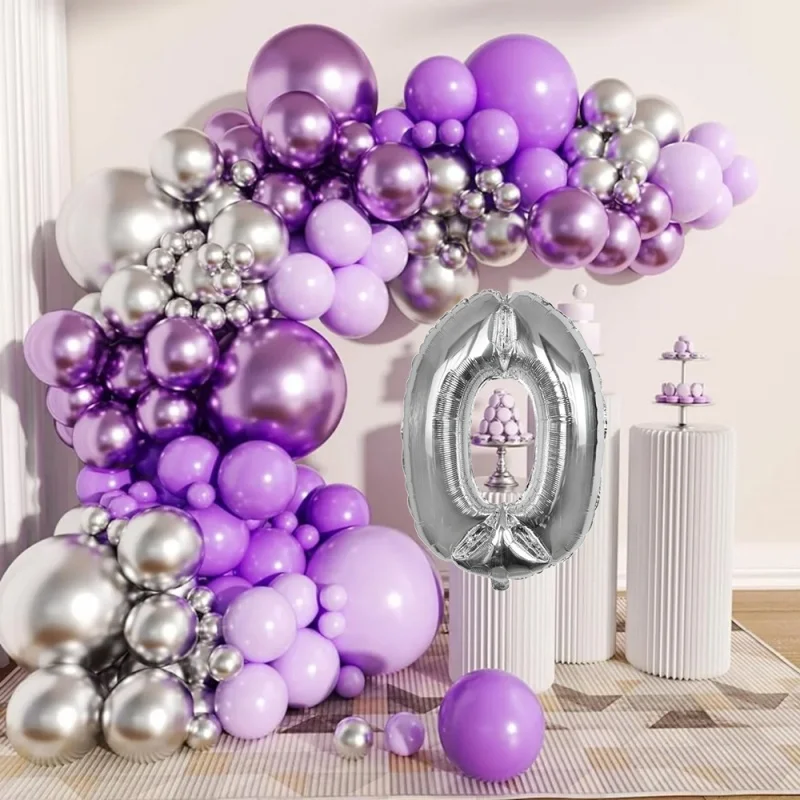 

Carnival Balloon chain Purple Silver Balloon Arch Garland Kit with Silver Number 0 Foil Balloon for Birthday Party Decorations
