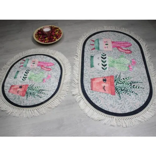 Dowry Wonderland Oval Fringed 2'li Bath Mat Pad Smile Flowers Gray