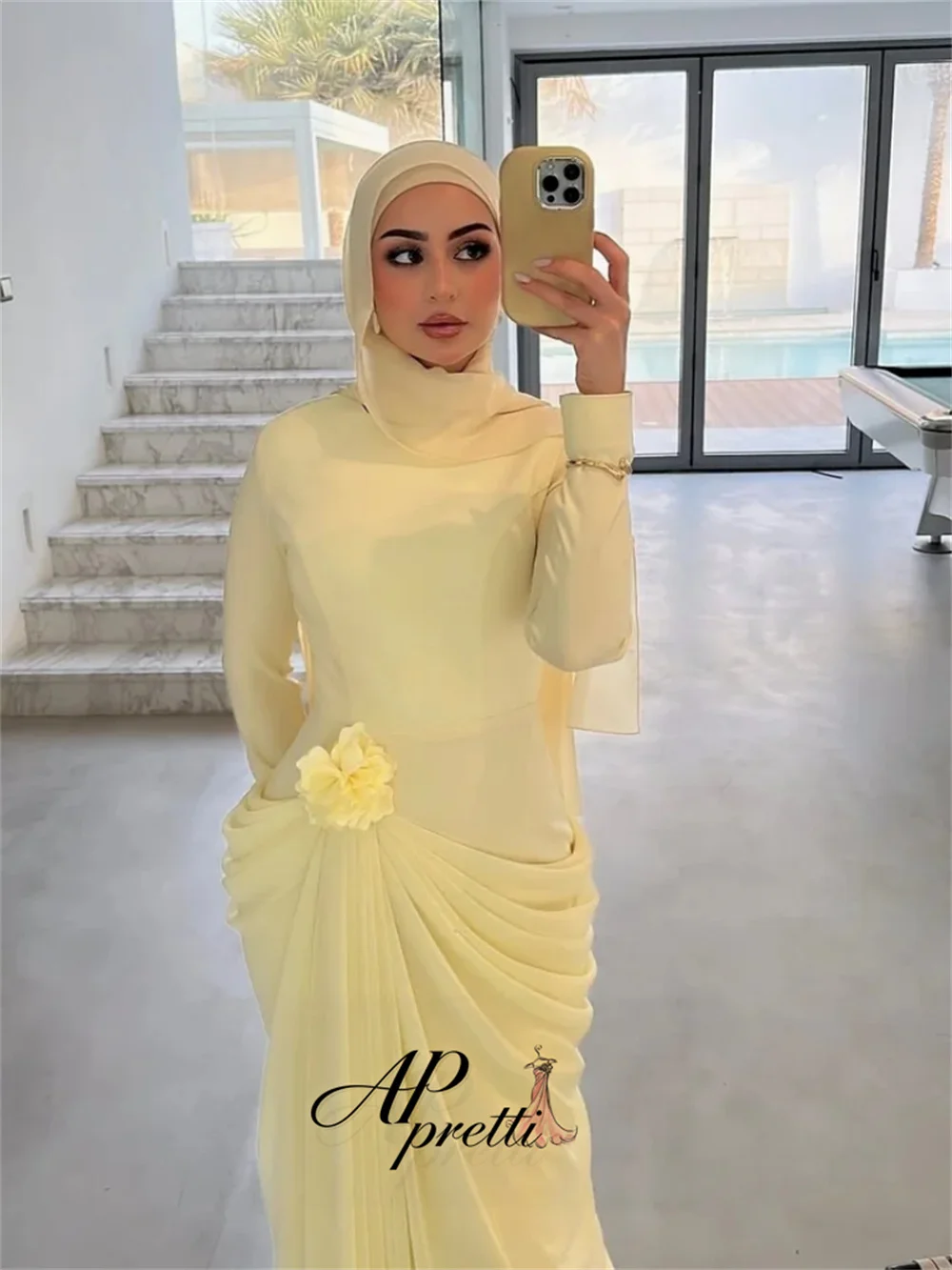AP pretti Elegant Pale Yellow High Neck Long Sleeve Chiffon Evening Gown Dress 3D Floral Draped Mermaid Party Dress Customized