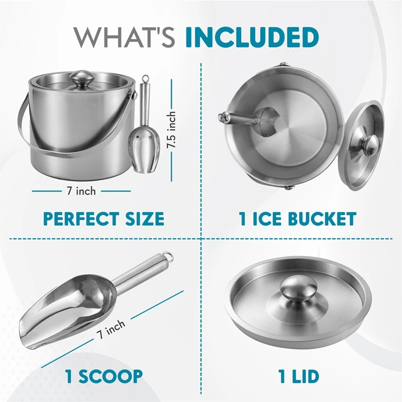 BAAG-Secchio per il ghiaccio (3 litri) Secchiello per il ghiaccio isolato a doppia parete in acciaio inossidabile con coperchio e paletta, secchielli per il ghiaccio per feste, maniglia