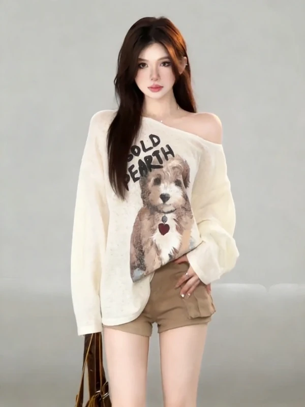 

Сексуальная женская футболка с длинным рукавом и принтом на плечах, свободного кроя, весна-осень, новый дизайн, с принтом собаки, тонкая, влагоотводящая, летняя