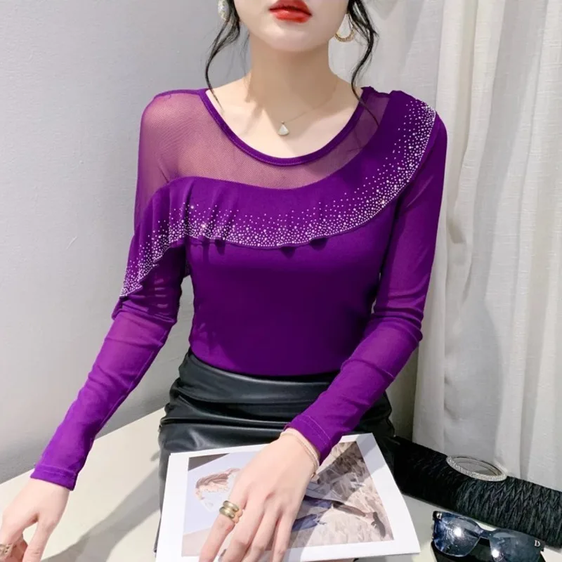 #9074 Spring Summer Black Red Blue Sexy Mesh T Shirt Women O-neck Split Joint Ruffles Diamonds Skinny T-shirt Female Perspective