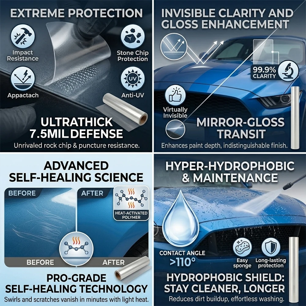 7,5mil TPH Autofolien-PPF-Lackschutzfolie, transparente kratzfeste klare Aufkleber, selbstklebende hydrophobe Autolackschutzfolie, DIY-Fahrzeugkarosserie unsichtbare Autofolie, vergilbungsbeständige Außen-Schutzfolie, Autodekoration – Detail 3