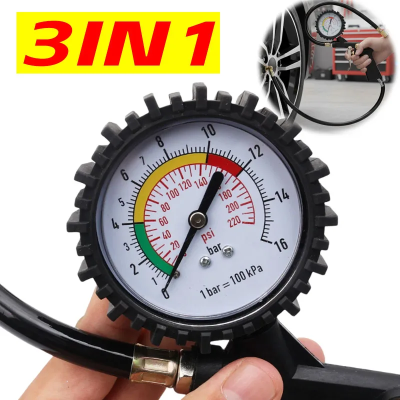 3in1 Dial Gauge Inflator Tester Air Compressor Pump Tool Car Motorcycle Tire Pressure Gauge Multi-function Tire Pressure Monitor