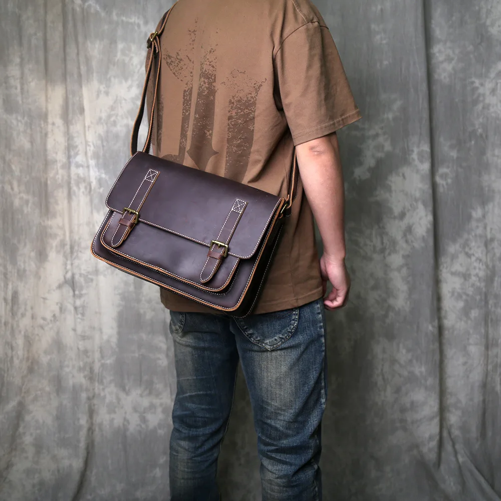 Retro Crazy Horse Leder Herren Schultertasche aus Vollnarbenleder Crossbody-Tasche Bestseller Horizontale Messenger-Tasche – Detail 3