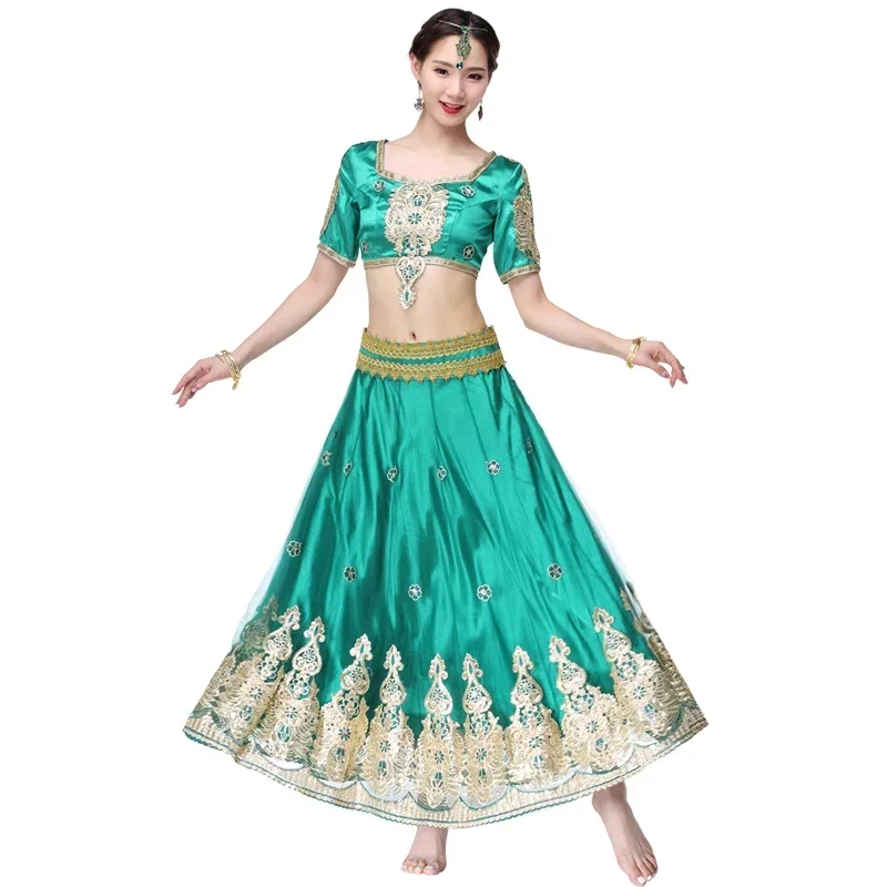 

Indian Outfits Bollywood Traditional Dress Costumes 3pcs Set Top+Belt+Skirt Women Belly dance Arabic Themed Full Dance Costumes