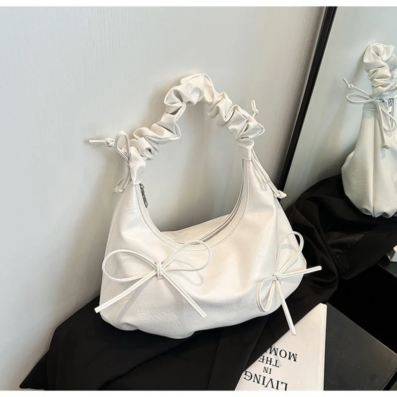 Xiuya Gentle Fashion Womens Shoulder Bag Pleated Korean Style Elegant Hobos Bag Casual Silver Cute Bow Luxury Female New Handbag