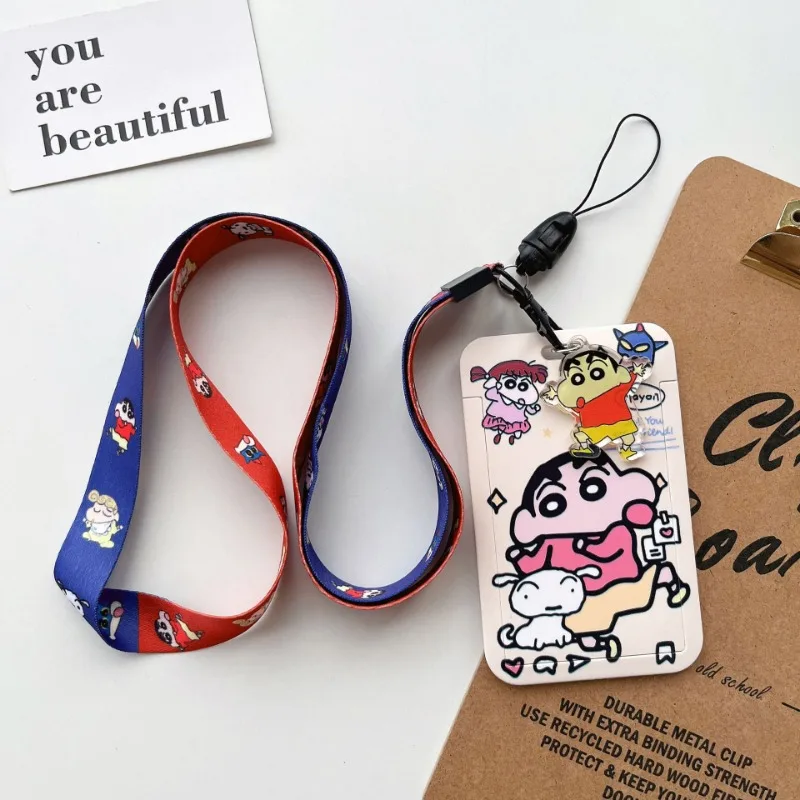 Bandai Crayon Shin-chan Cartoon Long Rope Badge Card Holder Sliding Student Card Protective Case School Bag Pendant Keychain