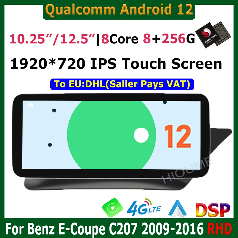 

12.5" Android 12 Snapdragon 8+256G Car Multimedia GPS Radio Carplay For Mercedes Benz E Coupe 2-Door C207 E207 2009 - 2015 RHD