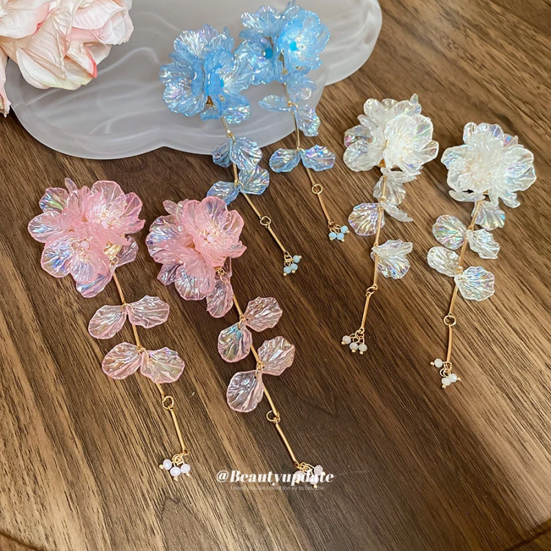 Silbernadel-Acryl-Blumen-Quasten-Ohrringe: Elegante, frische, süße Feen-Ohrringe für den Strand – High-End-Party- und Bankettgeschenk, Nischen-Schmuck für Damen