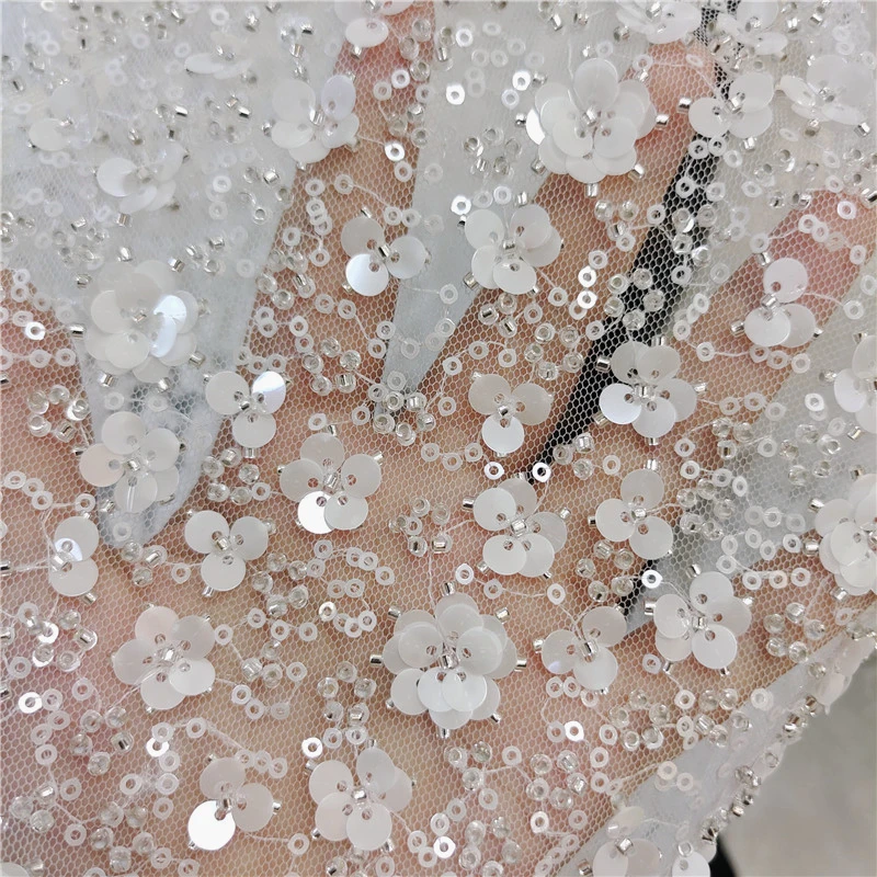 New Heavy Industry Flower Beaded Sequins Fabric Wedding Dress Curtain Clothing Lace Fabric Embroidery Lace Fresh Veil