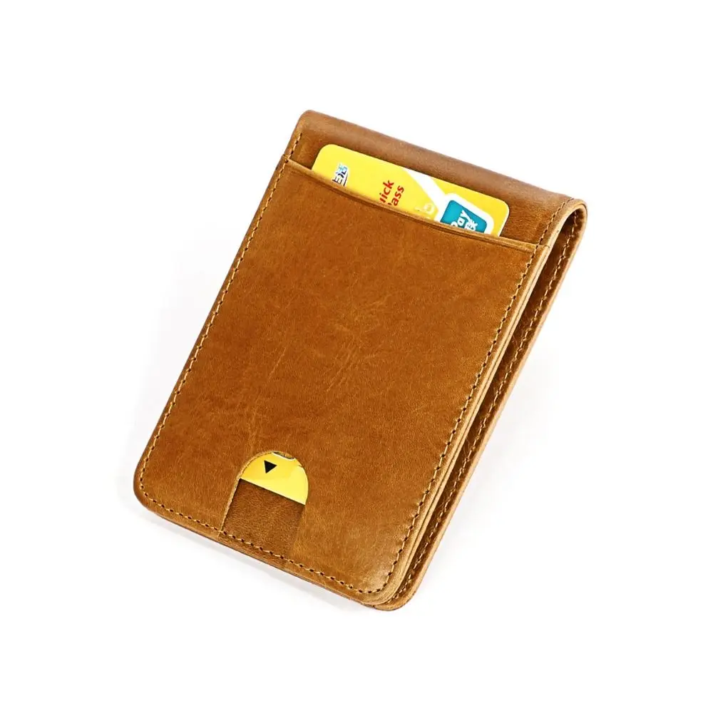 Minimalist Men's Leather Slim Wallet 6 Card Slots Cowhide Leather Money Clip for Men ID Window Low Profile