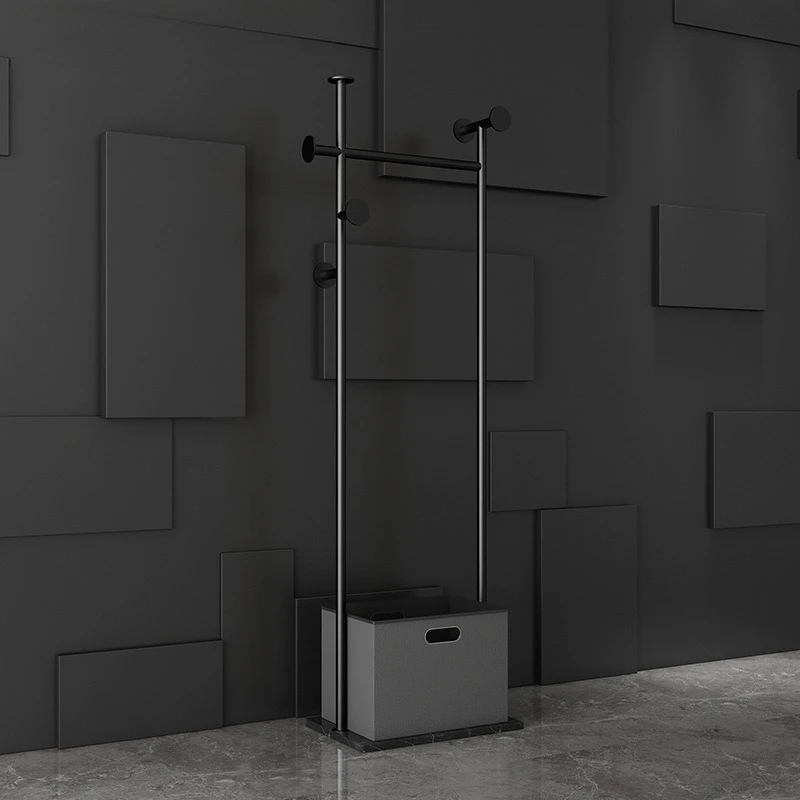 Double Rod Clothes Rack with Storage Basket Standing Coat Stand for Bedroom Living Room Furniture