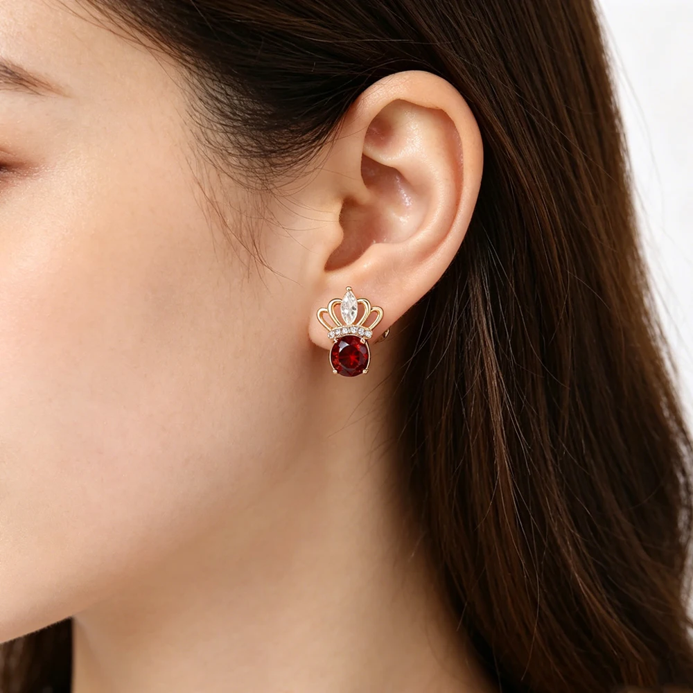 Catuni Retro Crown Gemstone Dangling Earrings Round Garnet Crystal Ring Earpiece Women's Luxurious Wedding Party Jewelry