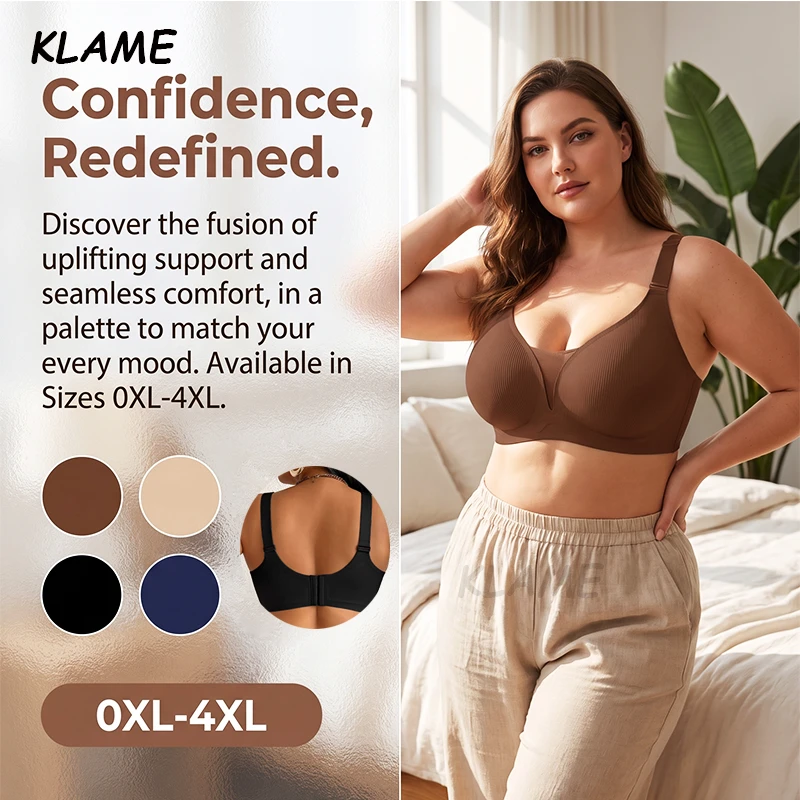 KLAME 0XL-4XL Plus Size Seamless Deep V-neck Mesh Breathable Push-up Wireless Adjustable Jelly Bra KLM1733
