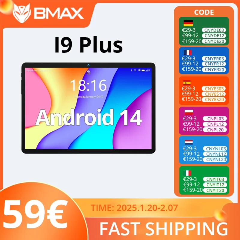 BMAX MaxPad I9 Plus Android 14 GPU G522EE 12(4 + 8)GB RAM 64GB ROM 10.1 Inch Rockchip RK3562 Quad Core type-C Port tablet PC WIFI 6