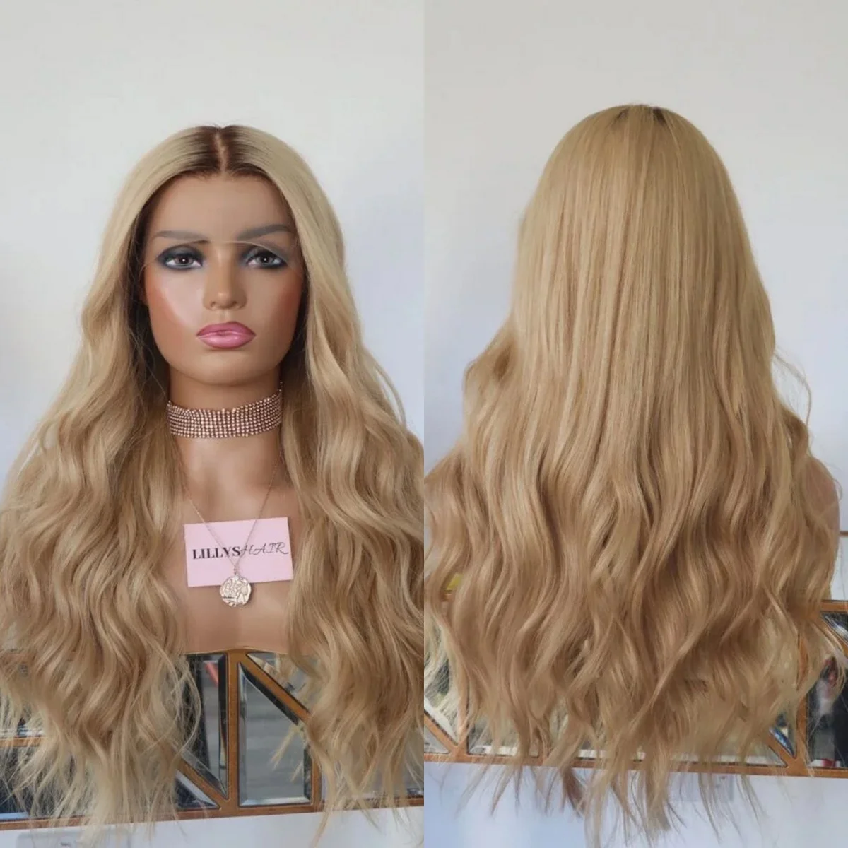 Long Length Middle Parting Wave 13*4 HD Invisible Transparent Lace Wigs Shadow Roots Golden Blonde Synthetic Lace Front Wigs