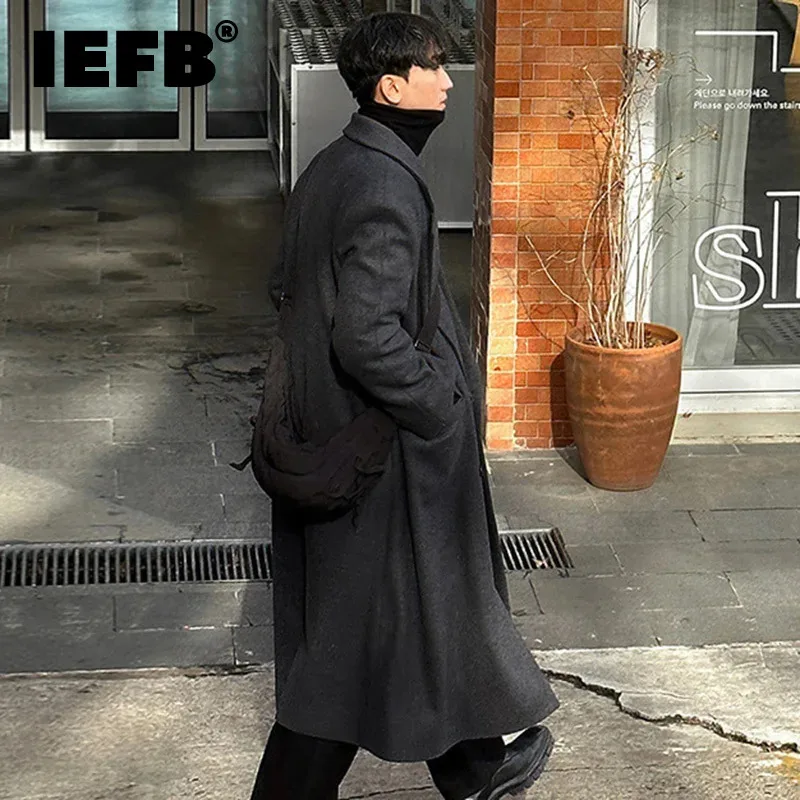 

IEFB Male Woolen Windbreaker Korean Thickened Lapel Over Knee Length Men's Outerwear Casual Autumn Winter New Fashion 9C4897