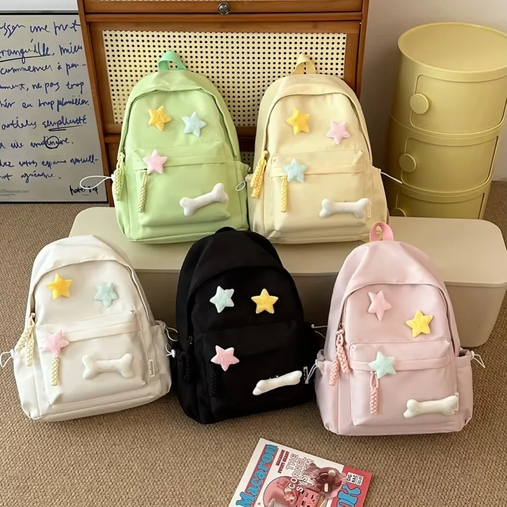 Cute Canvas Star Backpack Zippered Closure Multi-Compartment School Bag Adjustable Straps Large Capacity Casual Backpack Girls