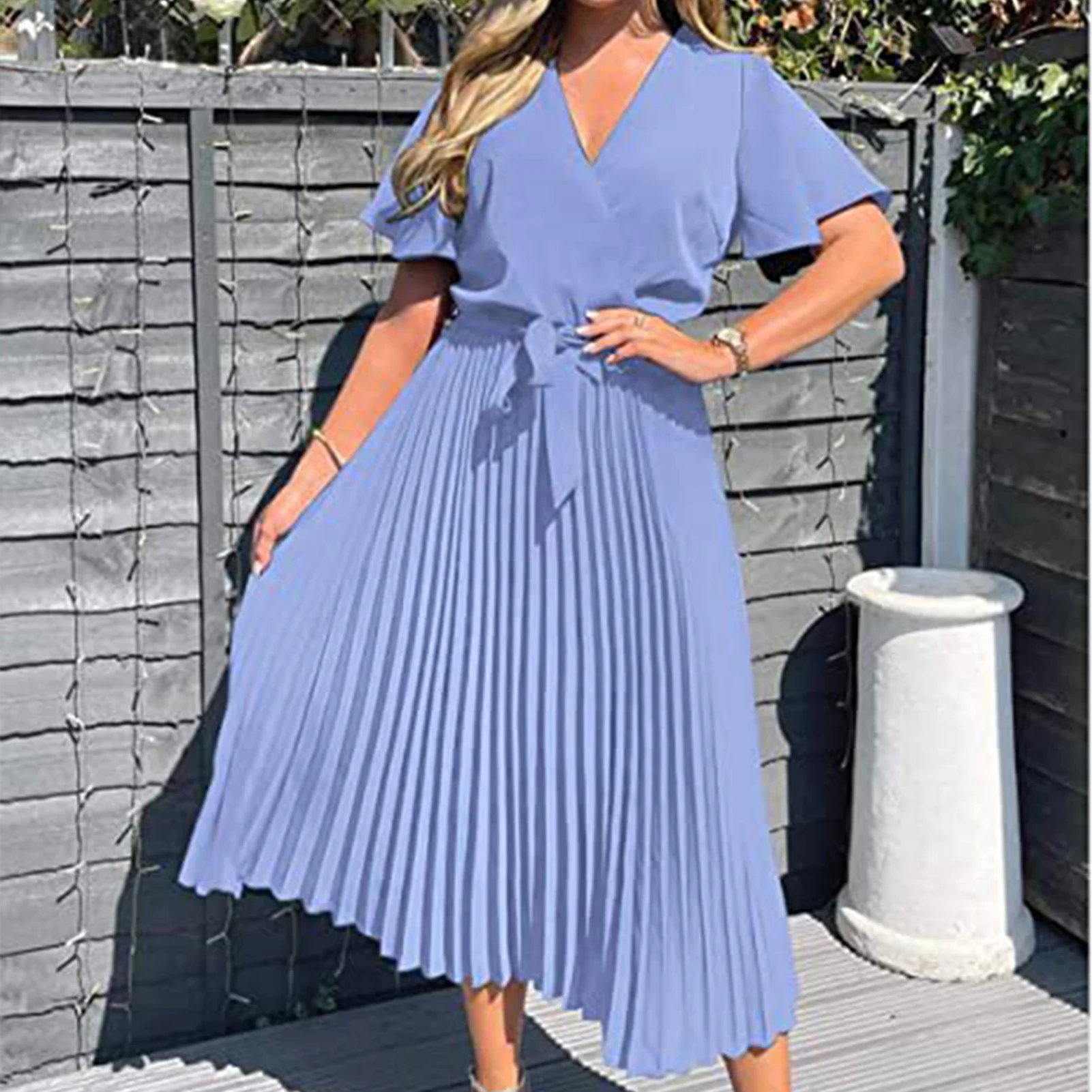 

Women Short Sleeve Ruffle V-Neck Lace-up Dress Elegant Solid Summer Dress Casual Office Ladies Loose Pleated Hem Female Dresss