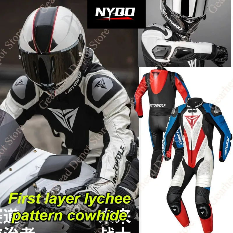 Men's 4 Season Anti-Fall Motorcycle Racing Suit One Piece Leather Pro Protective Track Gear for Heavy Motorbike Mountain Riding