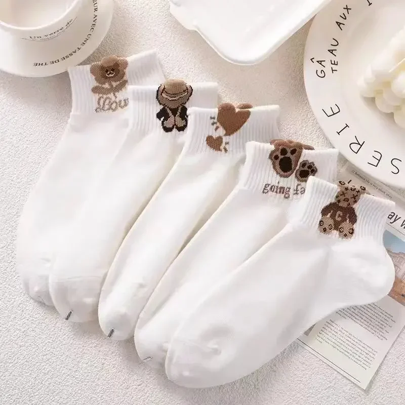

5 Pairs Women Cartoon Teddy Bear Patterned Ankle Socks Versatile Fashion Breathable Comfortable Funny Casual Harajuku Sock
