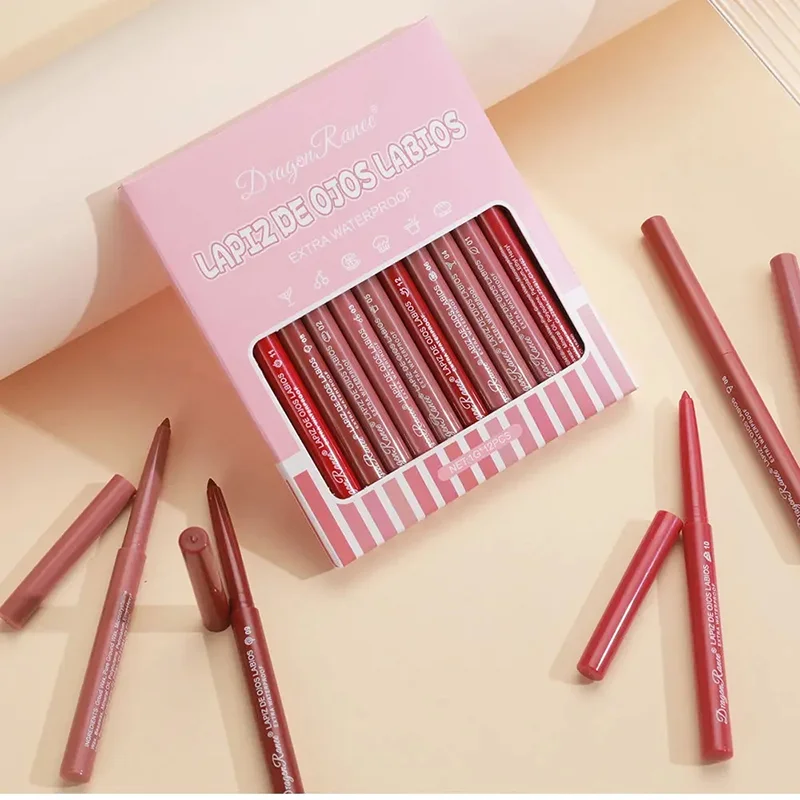 Lápis de delineador labial hidratante de longa duração, cor nua, lipliner fosco, impermeável, multifuncional, cosméticos de beleza feminina, 12 cores