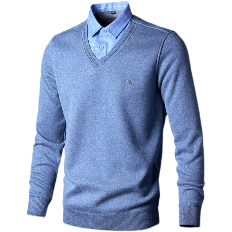 

Men Sweaters Shirts Pullovers Fake Two-Pieces Shirts Knitwear Fleece Warm Sweaters Male Business Casual Pullovers Sweaters 4XL