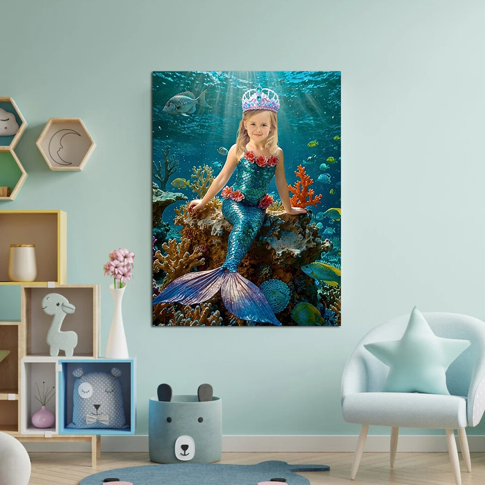 Fantasy Ocean poster, custom girl cartoon portrait picture, Personalized wall art, Mermaid painting, kid room decor canvas print