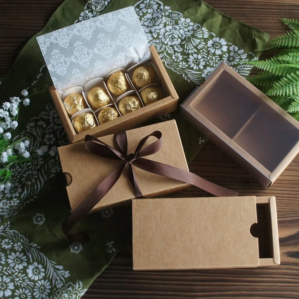 14*7*5cm 10set Natural Kraft Paper Box Chocolate Candy DIY Handmade Packing Box As Wedding Christmas Birthday Gift Packaging