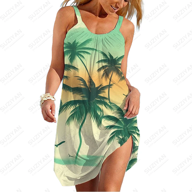 

Hawaii Beach Style Coconut Tree 3D Printed Dress Women's Comfortable Breathable Dress Summer New Casual Spaghetti Strap Dress