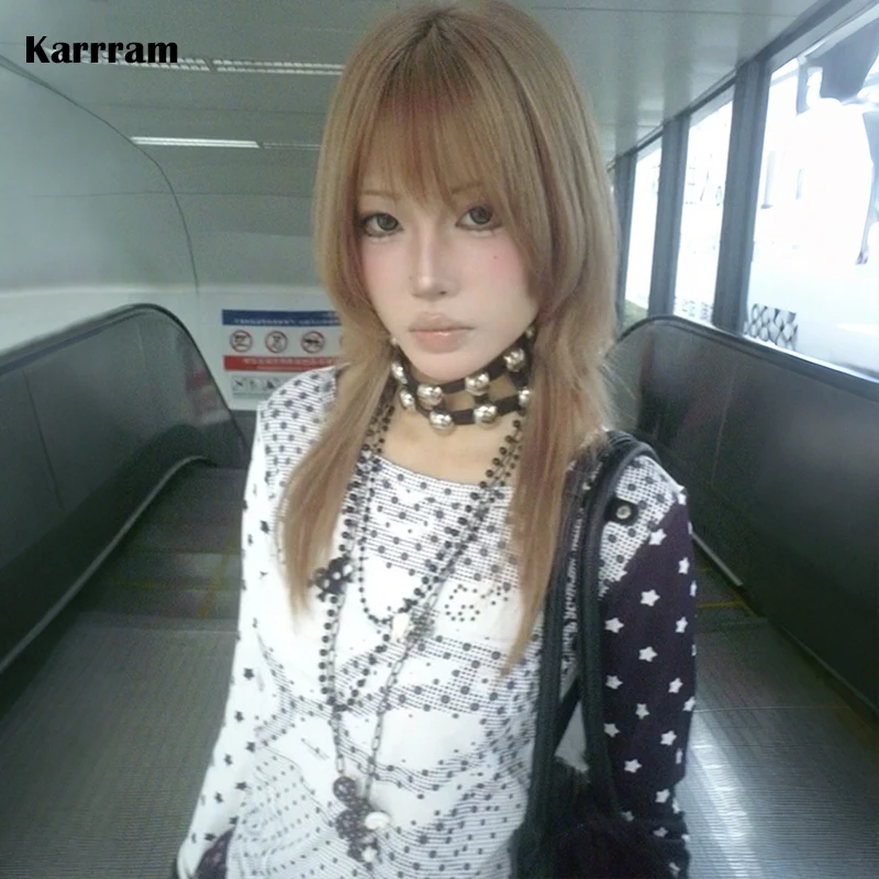 Camiseta Karrram con Estampado de Anime Japonés Y2K, Estilo Años 2000, Camiseta con Puntos, Vintage Harajuku, Manga Larga, Patchwork, Estilo Retro Americano