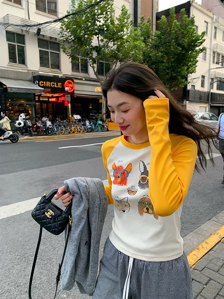 

Женская футболка с длинным рукавом для ранней осени, желтая, с принтом и вставками, в повседневном стиле, из смесового хлопка, удобная, дышащая