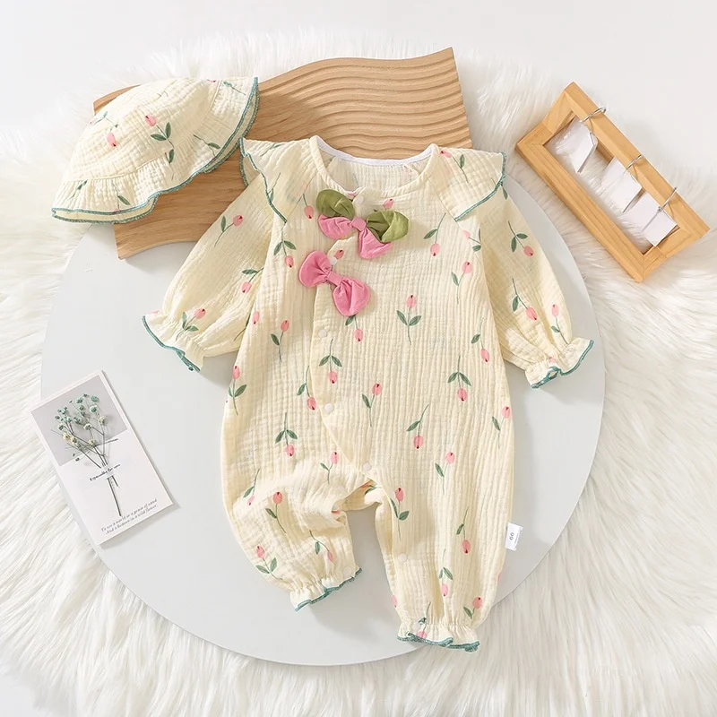 2025 Spring Autumn  Newborn Baby Girl Clothes   Cute Floral PrintLong  Sleeve Jumpsuit with Matching Hat