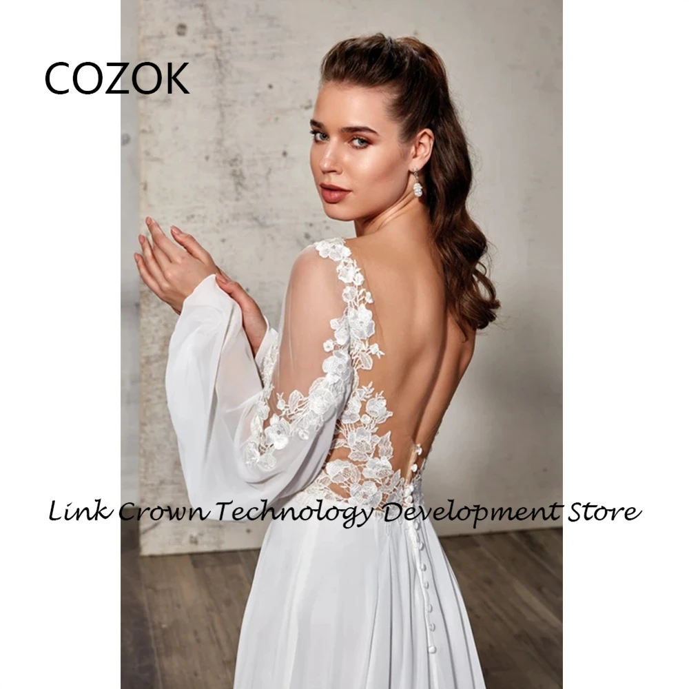 COZOK Strapless Full Sleeve Wedding Dresses for Women Sweep Train Bridal Gowns 2024 Summer New Chiffon Vestidos De Novia Lace