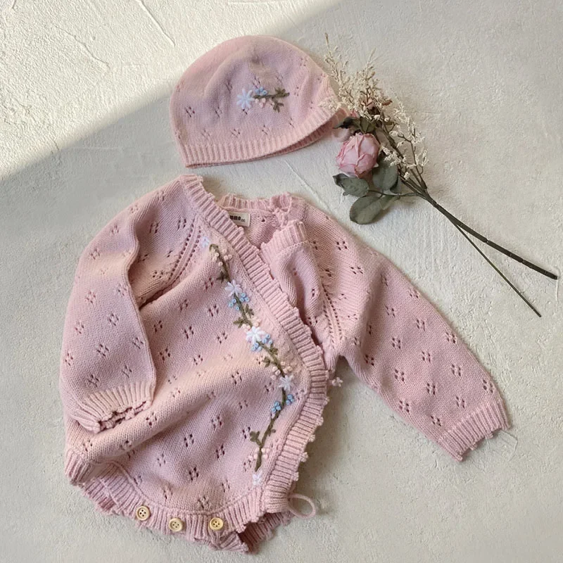 2024 New Autumn Winter Toddler Baby Girl Knitted Romper+Hat Long Sleeved Flower Embroidery Infant Baby Knitted Jumpsuit