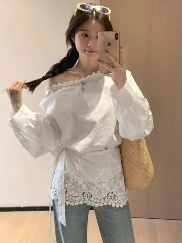 

plus Size Women's Long Sleeve Shirt Ruffle Collar Asymmetrical Shoulder Design Breathable Korean Style Office Wear Summer New...